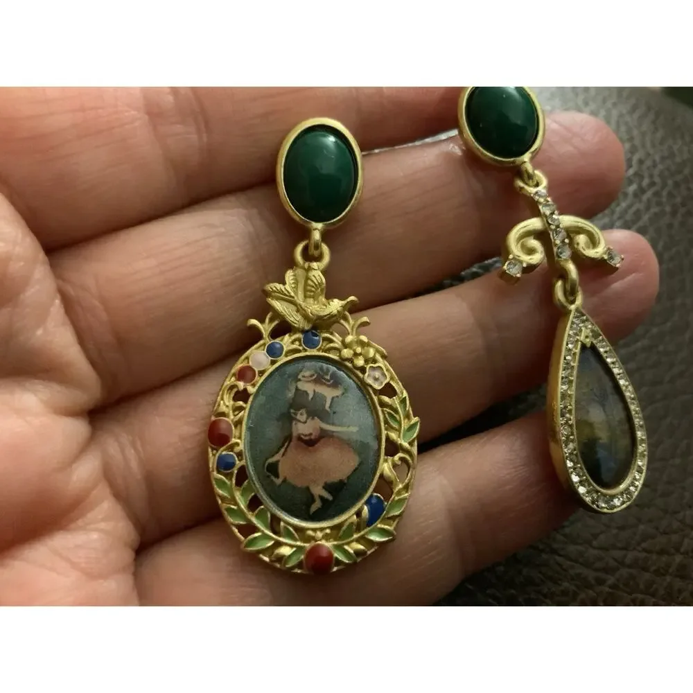 Antique Museum Earrings VTG Mismatch Gold Painting Flower Bird Teardrop Artistic